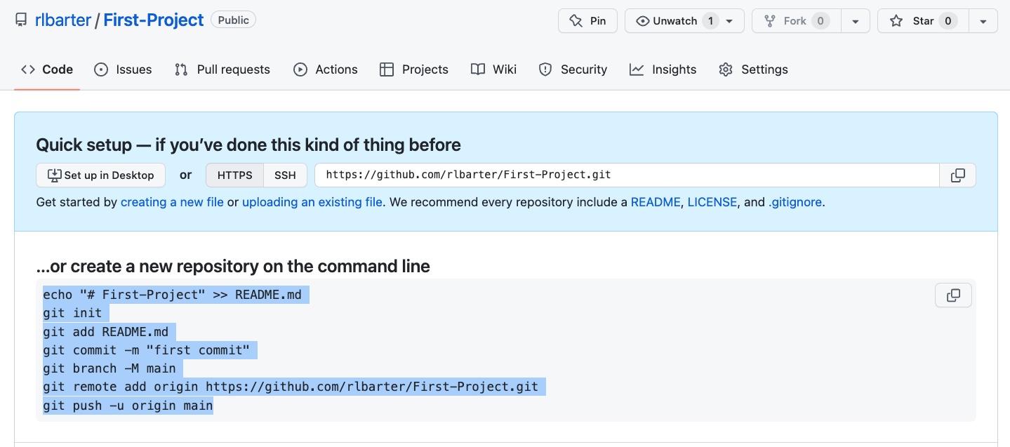 The screen immediately after creating a remote GitHub repository.